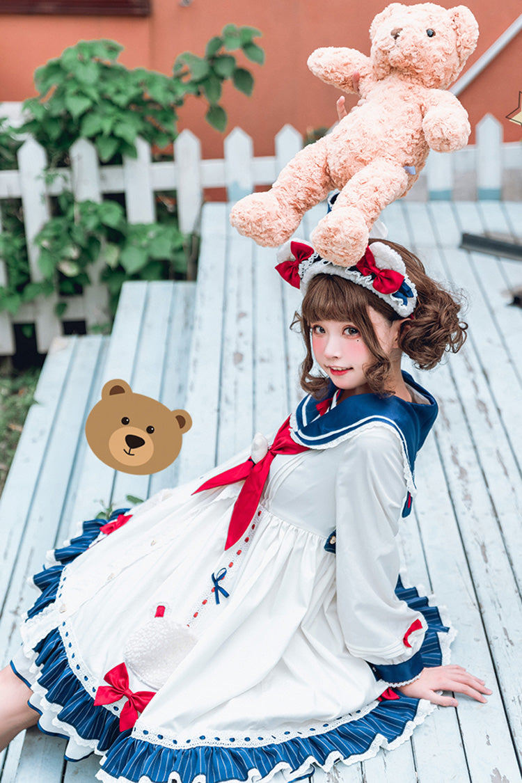 White College Style Navy Collar Chiffon Sea White Bear Print Bowknot Ruffled Sweet Lolita OP Dress - Product - 5