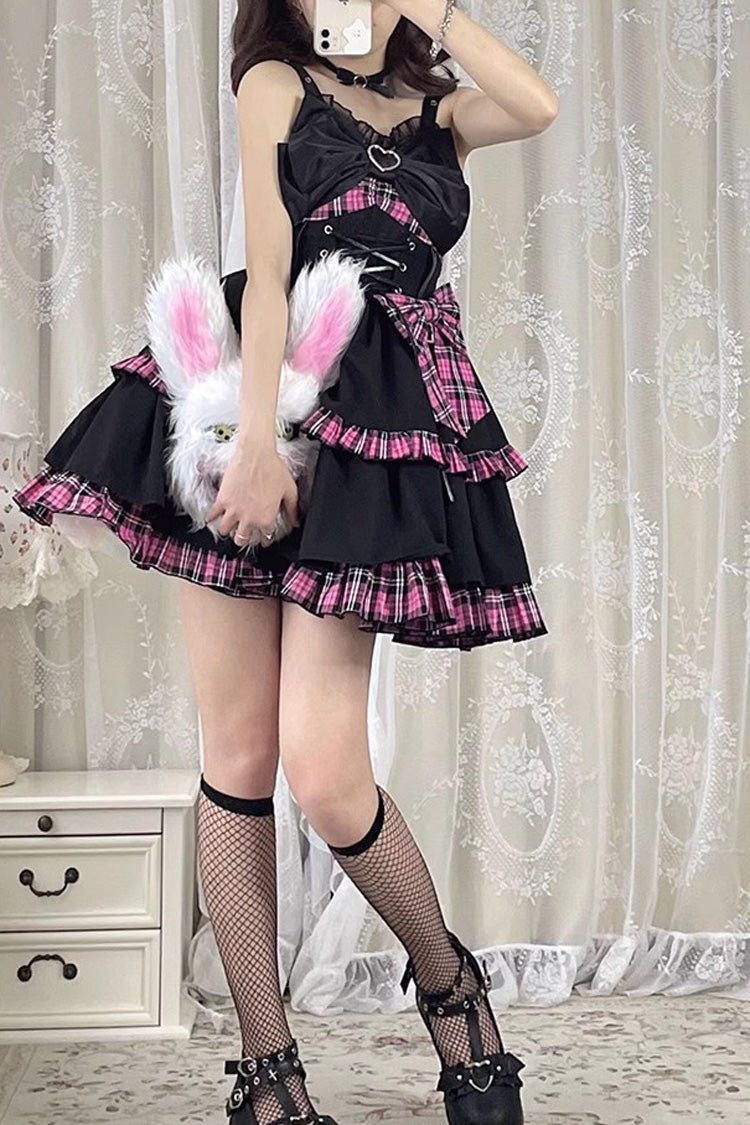 Black/Pink Plaid Print Color Contrast Leather Buckle Bowknot Ruffle Gothic Lolita JSK Dress - Product - 6