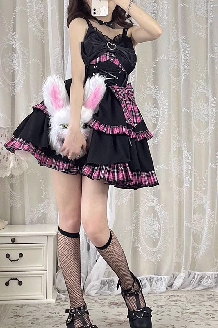 Black/Pink Plaid Print Color Contrast Leather Buckle Bowknot Ruffle Gothic Lolita JSK Dress - Product - 6