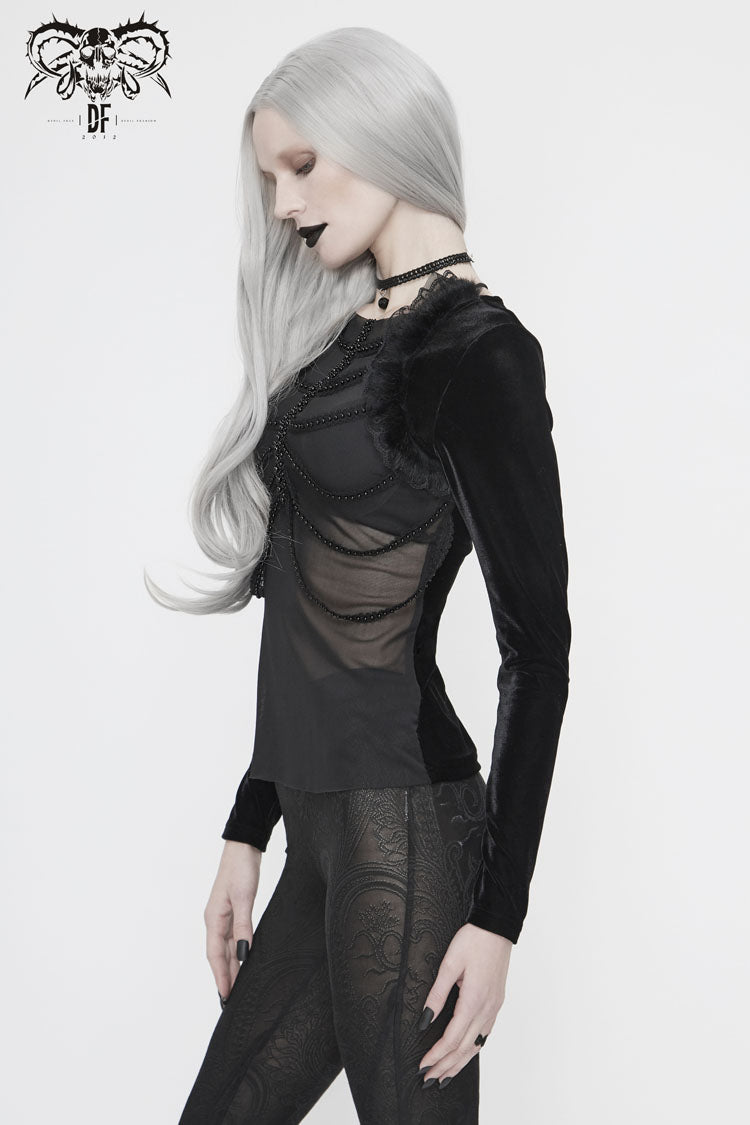 Black Front Beads Chain Decoration Velvet Frill Shawl Mesh Women's Gothic T-Shirt - Product - 3