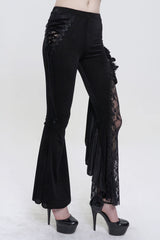 Black Velvet Single Side Stitching Rose Net Side Rope Decoration Asymmetric Pattern Flare Women's Gothic Pants - Product - 3