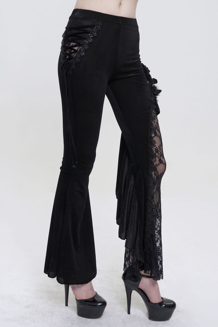 Black Velvet Single Side Stitching Rose Net Side Rope Decoration Asymmetric Pattern Flare Women's Gothic Pants - Product - 3