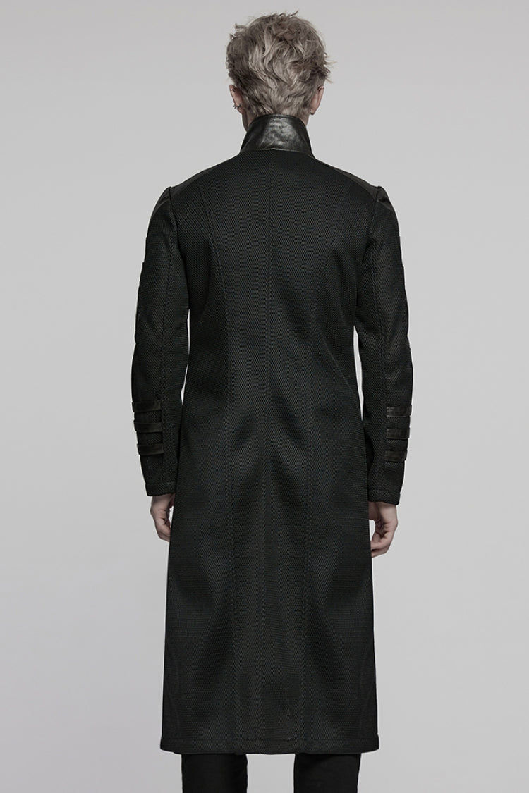Black Stand Collar Long Sleeves Faux Leather Stitching Mesh Men's Punk Coat - Product - 3
