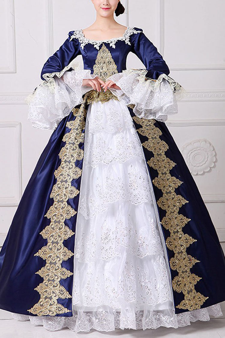 Hime Sleeves High Waisted Square Collar Embroidery Flower Print Victorian Lolita Prom Dress - Blue - 1