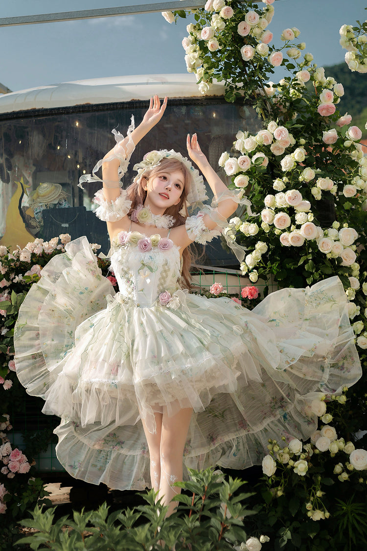 Green [Spring Rose] Sleeveless Multi-Layered Bowknot Lace-Up Fishbone Sweet Lolita Jsk Dress - Product - 5