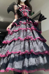 Black/Red Short Sleeves Multi-Layered Ruffle Hanayome Bowknot Lace Plus Size Sweet Lolita Dress (Long Version) - Product - 2