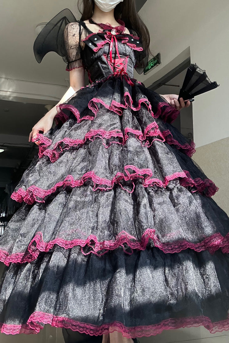 Black/Red Short Sleeves Multi-Layered Ruffle Hanayome Bowknot Lace Plus Size Sweet Lolita Dress (Long Version) - Product - 2