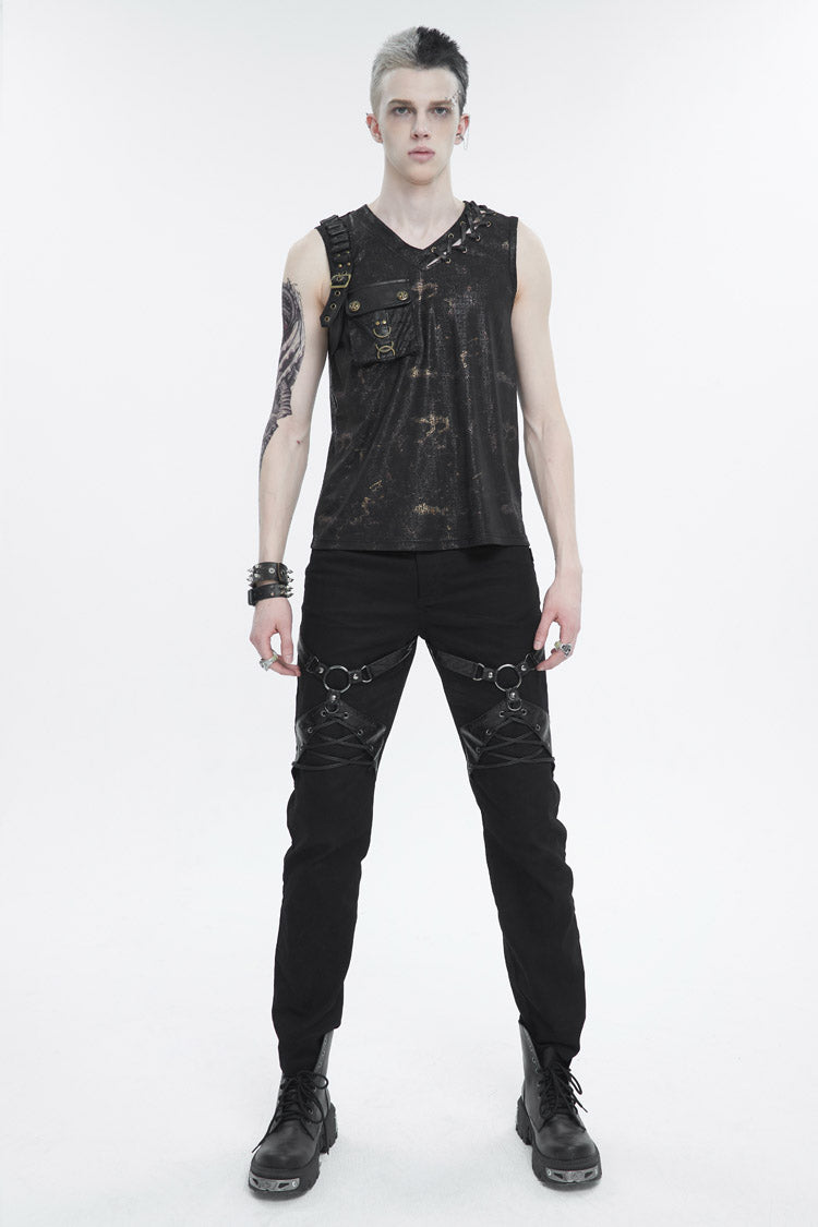 Black Personalized Print Big Pocket Buckle Men's Punk Tank Top - Product - 2