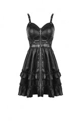 Black Sleeveless Layered Buckled Zippered Women's Gothic Faux Leather Strap Dress - Product - 3