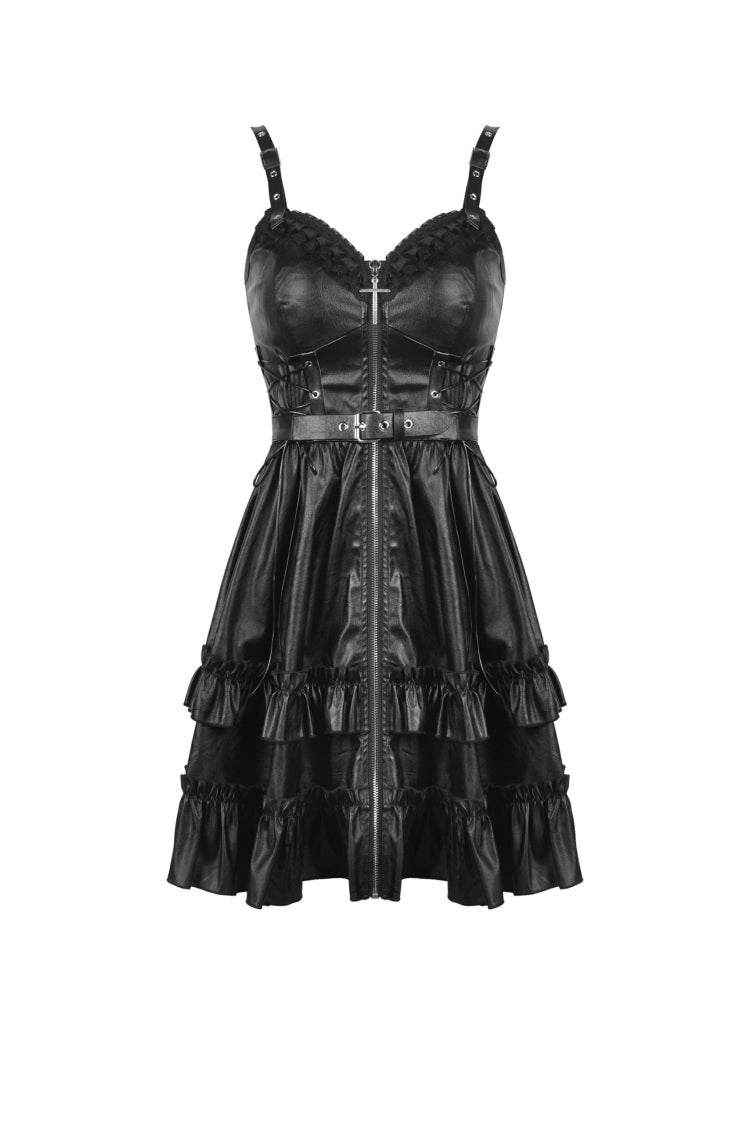 Black Sleeveless Layered Buckled Zippered Women's Gothic Faux Leather Strap Dress - Product - 3