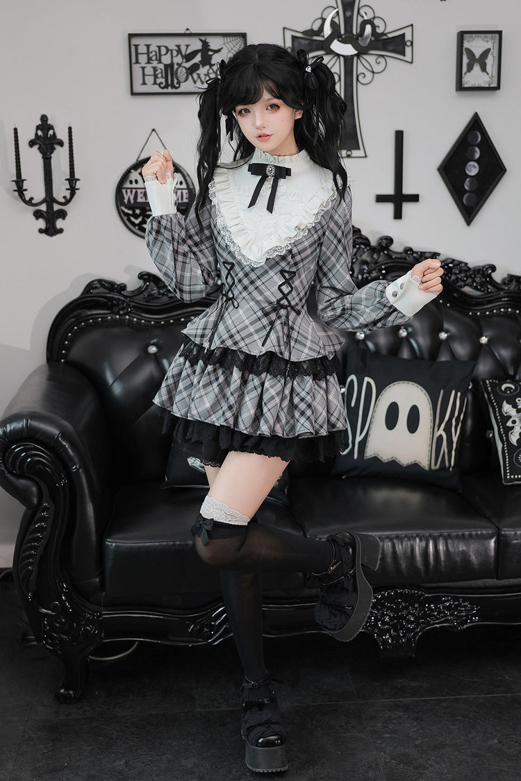 [Doki!] Stand Collar Long Sleeves Printed Ruffled Lace-Up Sweet Cool Lolita Dress 2 Colors(Black, Grey) - Product - 19