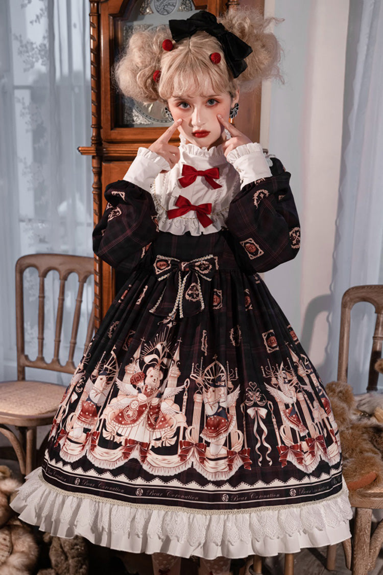 Doll Collar Lantern Long Sleeves Stitching Bear Paradise Print Ruffled Hanayome Sweet Lolita Op Dress - Black - 2