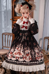 Doll Collar Lantern Long Sleeves Stitching Bear Paradise Print Ruffled Hanayome Sweet Lolita Op Dress - Black - 2