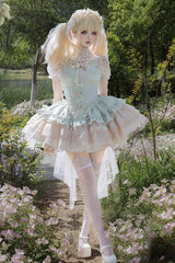 Green [Fleeting Light and Shallow Dream] Sleeveless Multi-Layered Ruffle Bowknot Lace Slim Sweet Ballet Lolita Jsk Dress - Product - 6