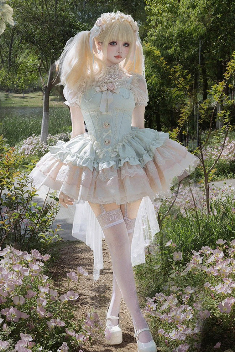Green [Fleeting Light and Shallow Dream] Sleeveless Multi-Layered Ruffle Bowknot Lace Slim Sweet Ballet Lolita Jsk Dress - Product - 6