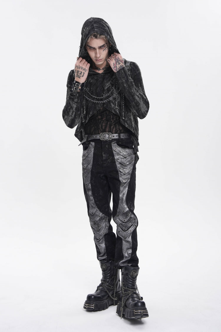 Grey Printed Cut-Out Spliced Color-Blocked Men's Punk Cool Pants - Product - 2