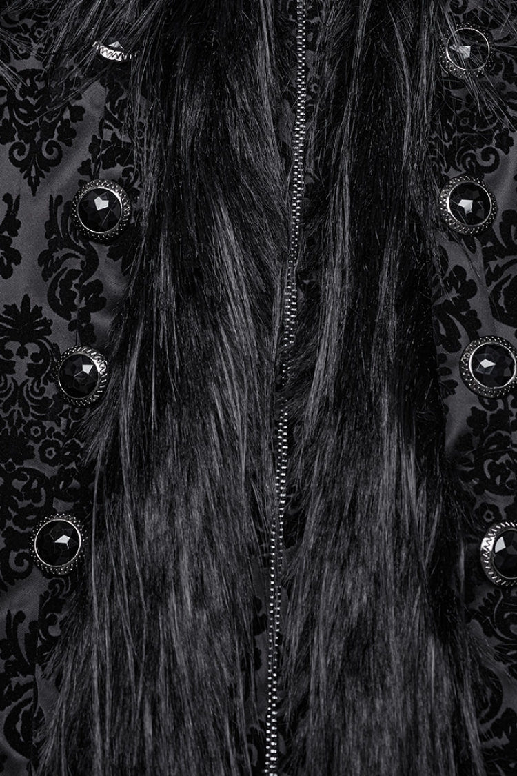 Black Stand Collar Long Sleeves Jacquard Print Stitching Hooded Women's Gothic Coat - Product - 7