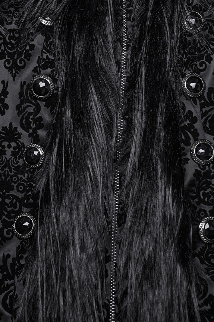 Black Stand Collar Long Sleeves Jacquard Print Stitching Hooded Women's Gothic Coat - Product - 7