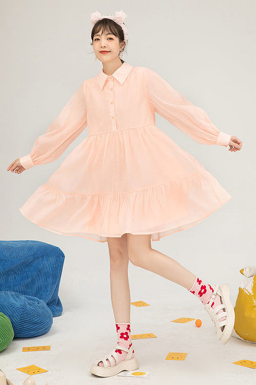 Orange Polo Neck Organza Puff Sleeve Single Breasted Sweet Lolita OP Dress - Product - 2