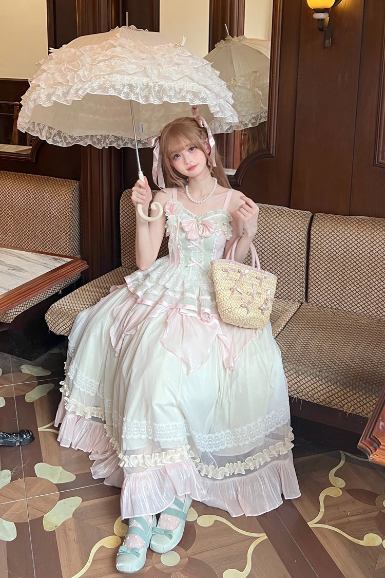 Pink/Green Summer Garden Ruffle Embroidery Bowknot Lace Sweet Lolita Jsk Long Dress - Product - 4