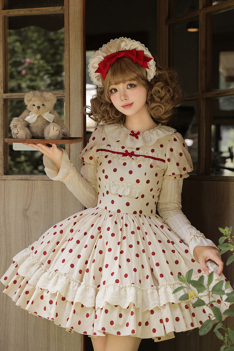 Apricot [Lollipop] Cotton Round Collar Long Lantern Sleeves Polka Dot Printed Ruffled Bow Lace Sweet Elegant Lolita Dress 2 Versions - Product - 18