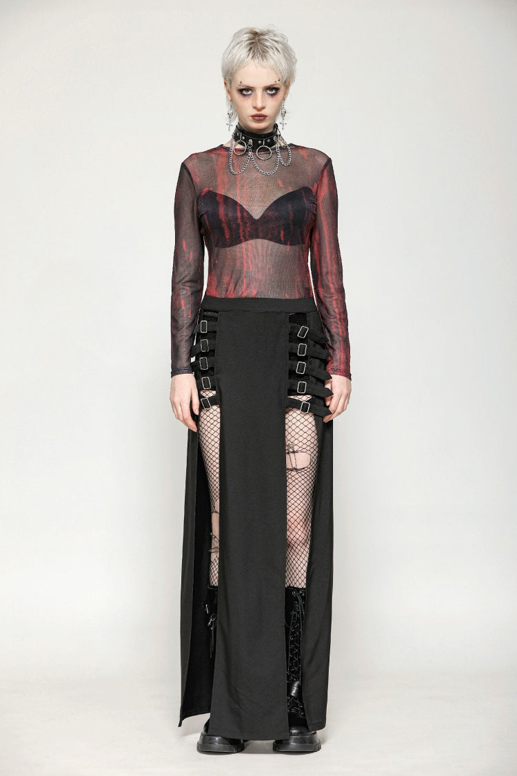 Black/Red Round Collar Long Sleeves Sheer Mesh Tie-dyed Women's Gothic Versatile Basic Top - Product - 6