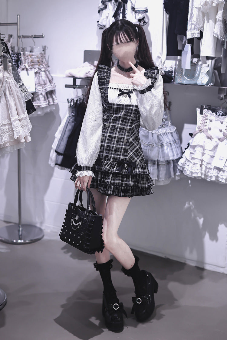 Black/White Square Collar Long Sleeves Jacquard Plaid Printed Ruffled Japanese Vintage Jirai Kei Dress - Product - 5