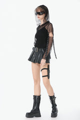 Black Low Waisted Eyelet Women's Punk Shorts with Asymmetric Pleated Belt - Product - 9