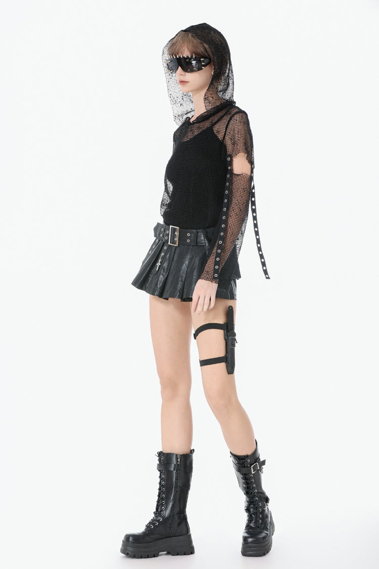 Black Low Waisted Eyelet Women's Punk Shorts with Asymmetric Pleated Belt - Product - 9