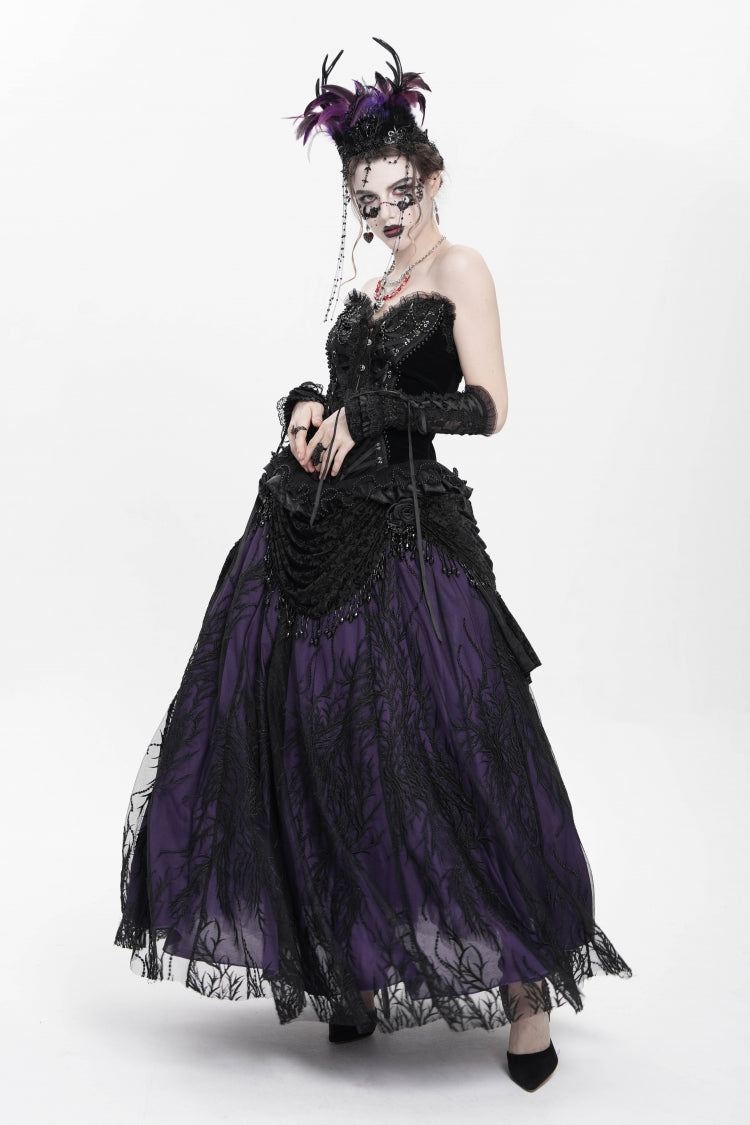 Black/Purple Floral Embroidered Beaded Women's Gothic Long Skirt - Product - 15
