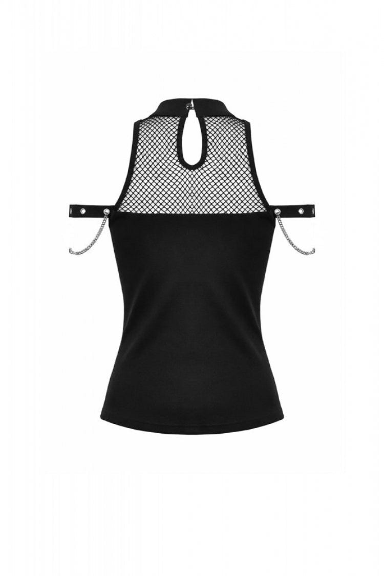 Black Women's Gothic Cross Halterneck Cut-Out Mesh Chain-Decorated Eyelet Tank Top - Product - 14