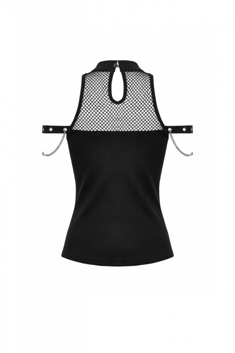 Black Women's Gothic Cross Halterneck Cut-Out Mesh Chain-Decorated Eyelet Tank Top - Product - 14