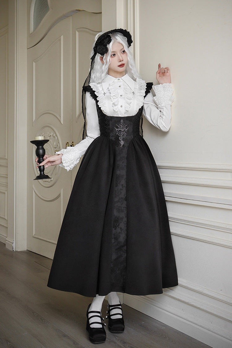 Black Cross Snake Pattern Print Embroidery Gothic Lolita Strap Dress - Product - 8