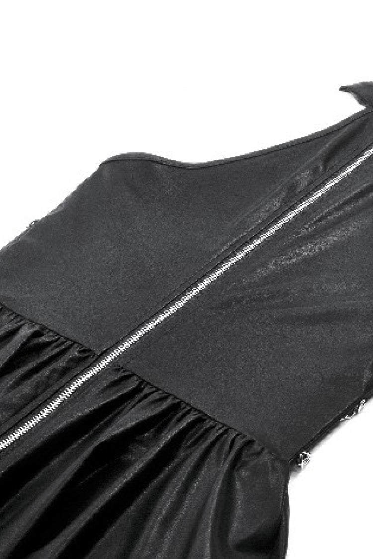 Black Halterneck Zippered Chain-Decorated Eyelet Women's Punk Faux Leather Dress - Product - 17