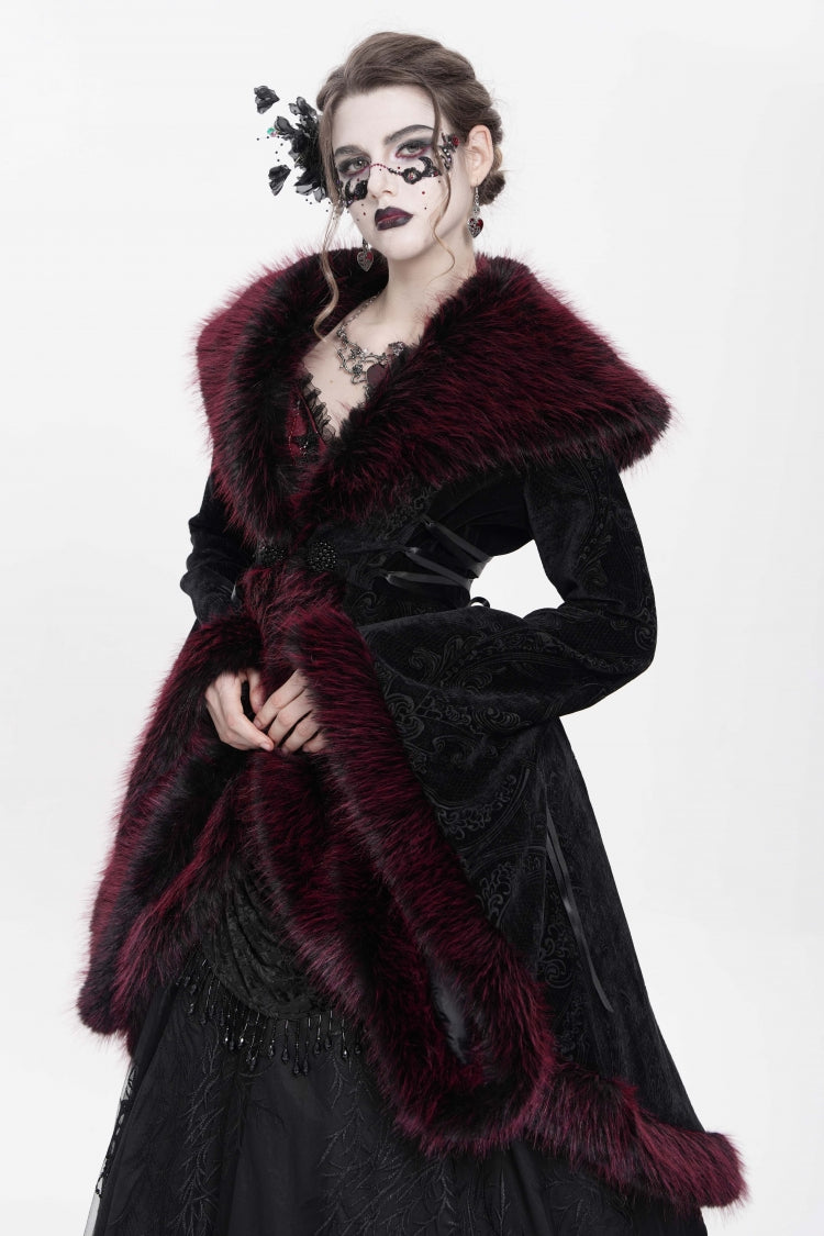 Red Long Sleeves Floral Embroidery Women's Gothic Fluffy Coat - Red - 1