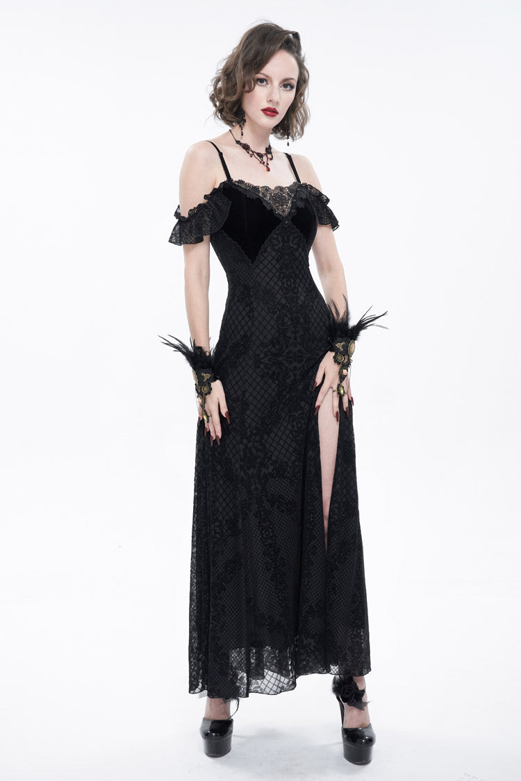 Black Velvet Lace Off Shoulder Ruffled Double Layer Slit Women's Gothic Dresses - Product - 5