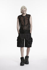 Black Round Collar Sleeveless Cut-Out Mesh Buckled Eyelet Men's Punk Vest - Product - 5