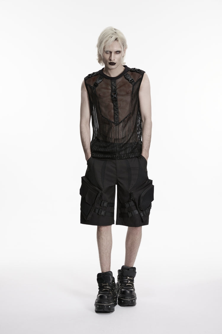 Black Round Collar Sleeveless Cut-Out Mesh Buckled Eyelet Men's Punk Vest - Product - 5