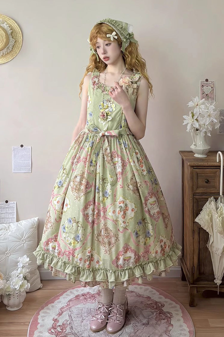 Green [Cat Rose Tea] Sleeveless Print Ruffle Bowknot Sweet Lolita Jsk Dress - Green - 1