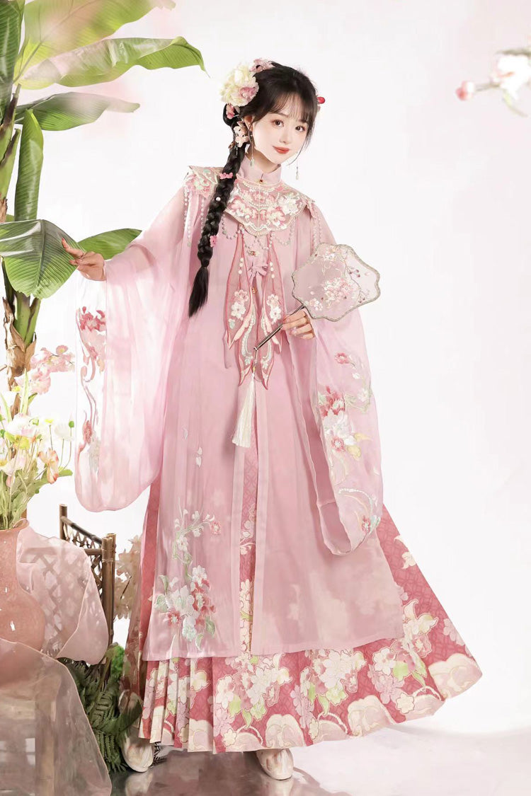 Pink Stand Collar Long Sleeves Ming-Style Embroidery Cloud Shoulder Sweet Hanfu Horse-Face Dress Set - Product - 4