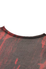 Black/Red Round Collar Long Sleeves Sheer Mesh Tie-dyed Women's Gothic Versatile Basic Top - Product - 13
