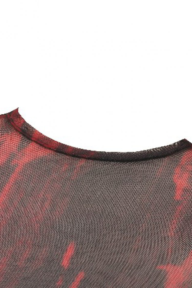 Black/Red Round Collar Long Sleeves Sheer Mesh Tie-dyed Women's Gothic Versatile Basic Top - Product - 13