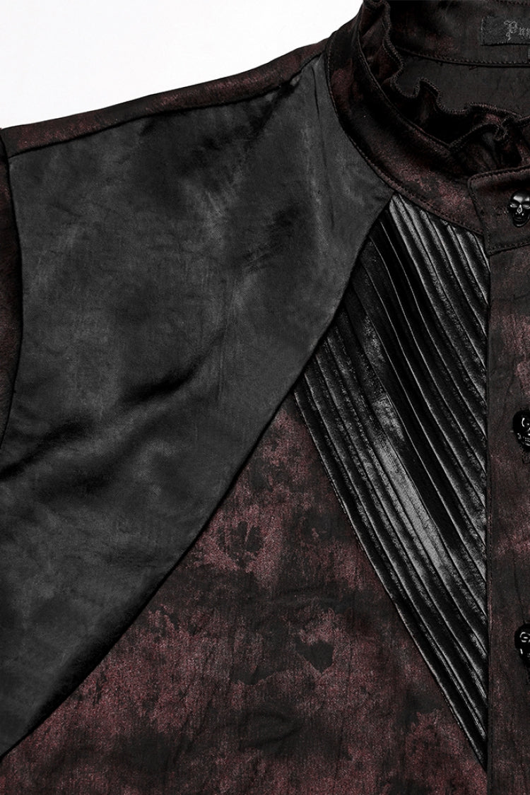 Black/Red Stand Collar Long Sleeves Ruffle Pleated Men's Gothic Blouse - Product - 7