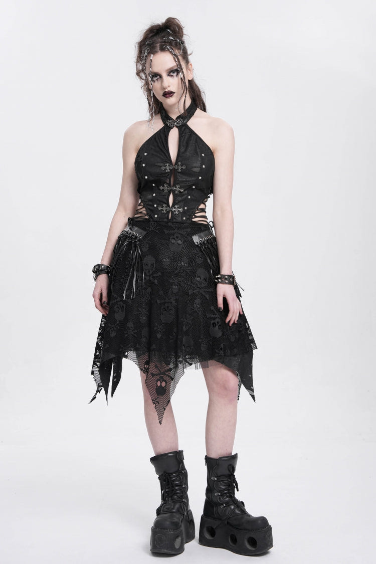 Black Halterneck Sleeveless Skull Print Irregular Women's Punk Dress - Product - 3