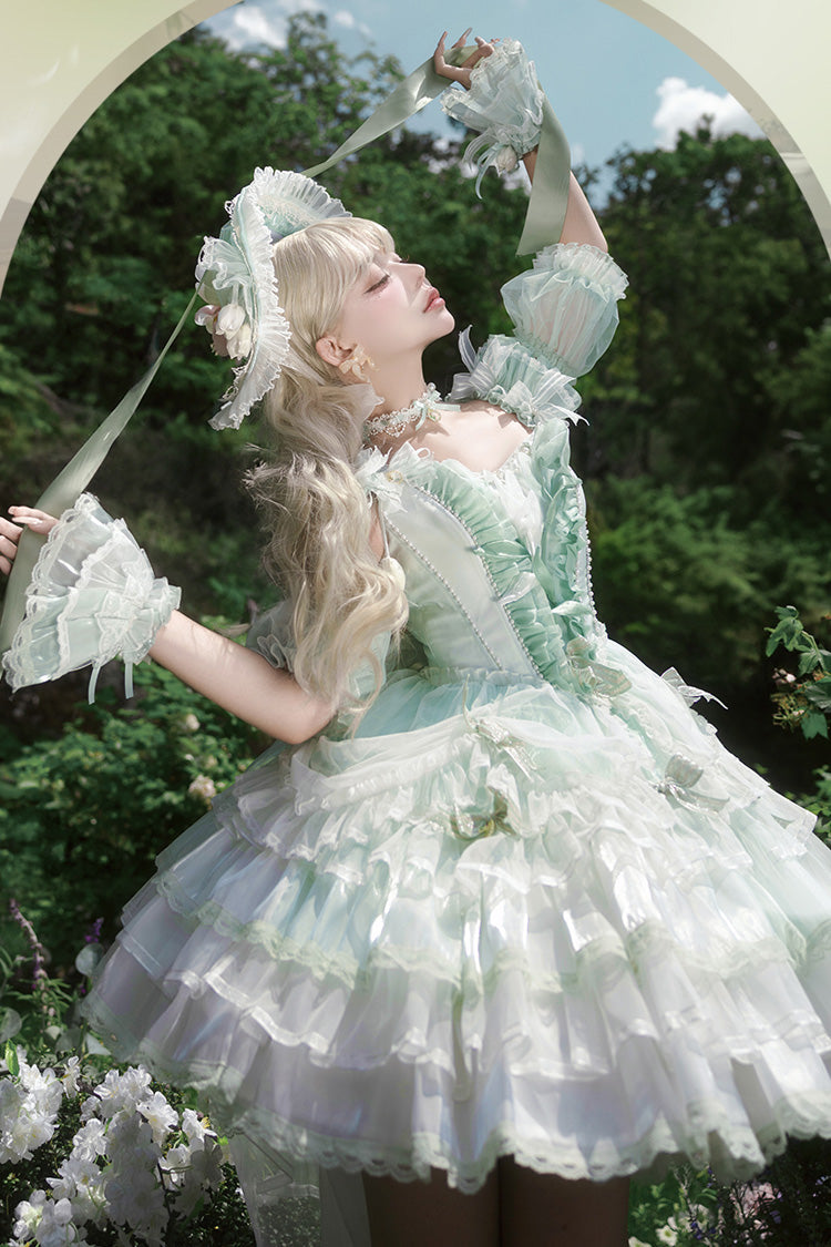 Green [Tulip and Wind Chime] Multi-Layered Ruffle Bowknot Lace Sweet Gorgeous Lolita Jsk Dress - Product - 8