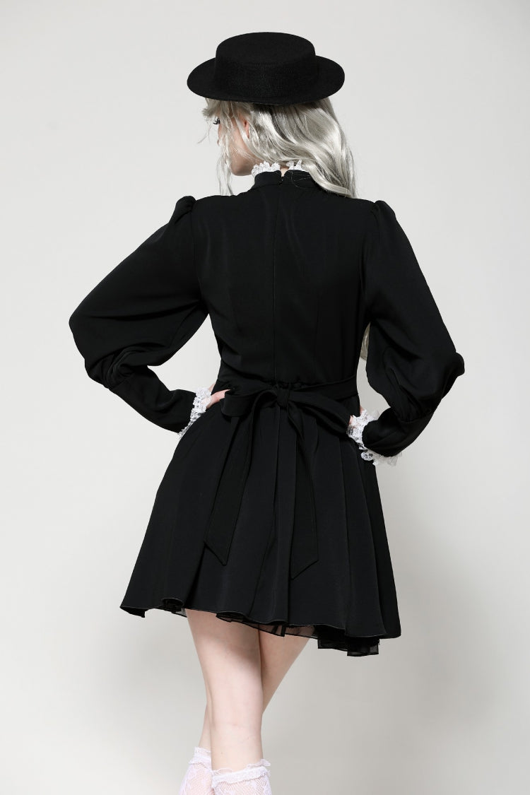 ブラック／ホワイト プリーツ レース スタンドカラー Jabot ロング パフスリーブ レディース ゴシック ワンピース 商品画像