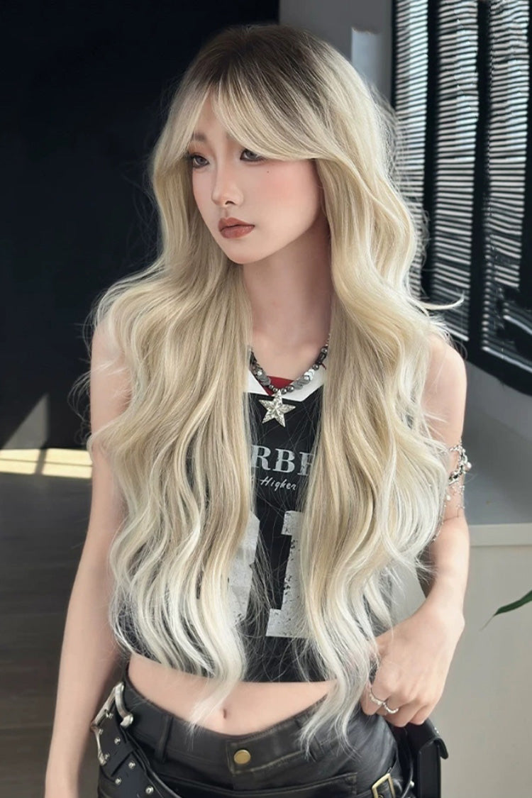 Black/Gold Ombre Sweet Lolita Natural Fluffy Long Big Wavy Wig with Curtain Bangs - Product - 2