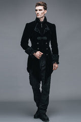 Black Embroidered Collar Long Sleeves Mens Velveteen Tuxedo Gothic Coat - Product - 7