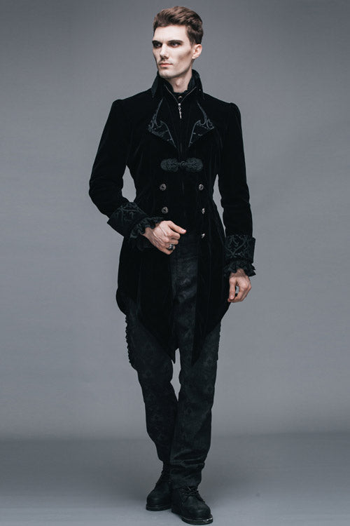 Black Embroidered Collar Long Sleeves Mens Velveteen Tuxedo Gothic Coat - Product - 7