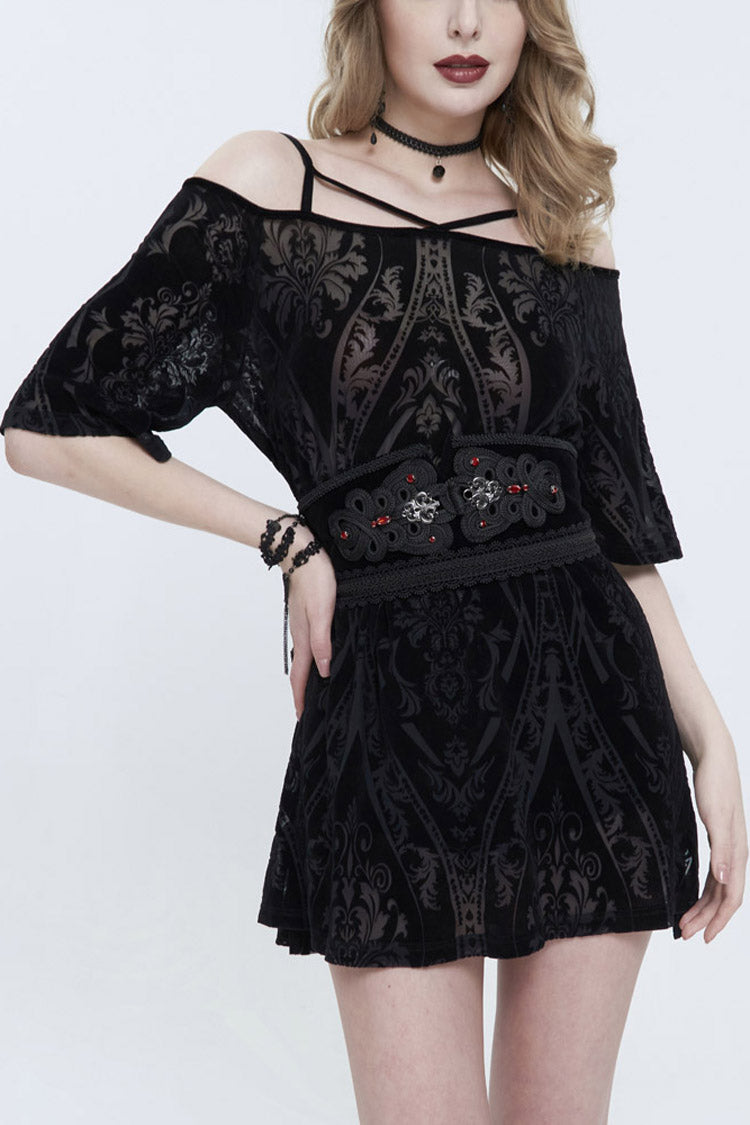 Black Print Front Long Back Side Slit Off The Shoulder Women's Punk Dress - Black - 1